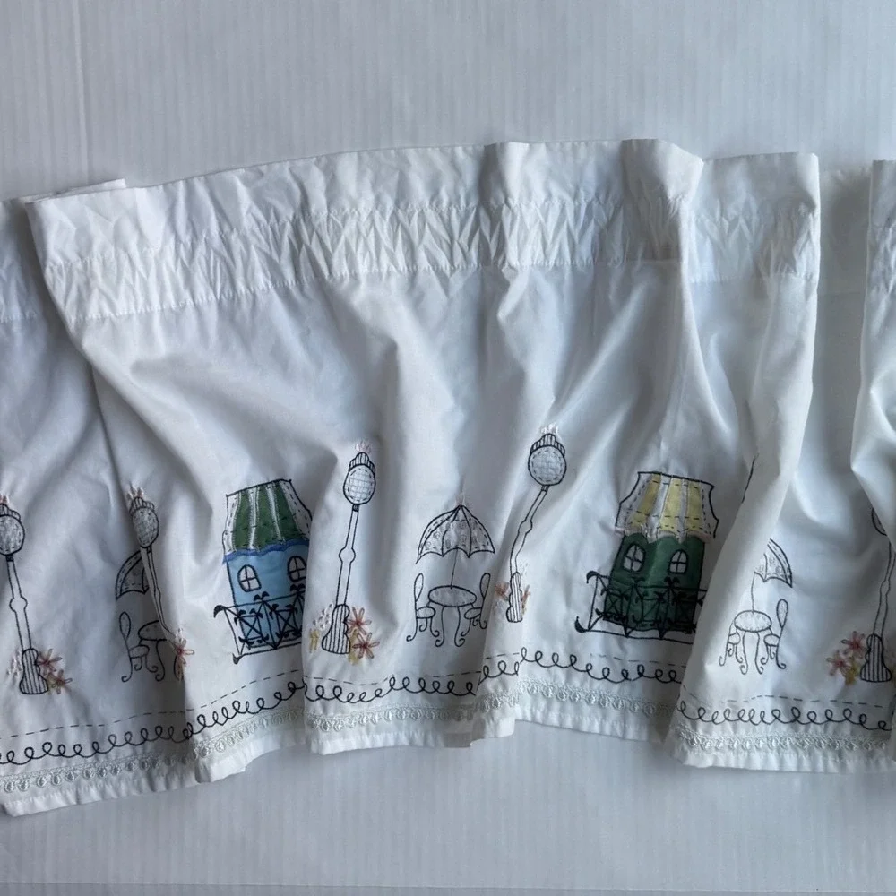 Vintage Style Embroidered Paris Cafe Scene Window Valance White Lace Trim 59x15